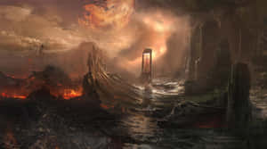 巨大行星下的火山荒地中的發光傳送門 — 奇幻 壁紙