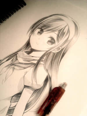 紙上動漫女孩鉛筆素描，附近有紅色筆。 — 可愛動漫女仔 壁紙