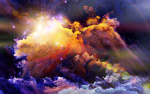在黑暗的星空背景下，充滿活力的宇宙星雲閃耀著金色光芒。 — 奇幻 壁紙