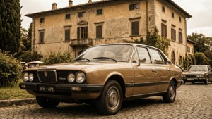 日落時分，一輛復古米色 Lancia 轎車停在一座古老的意大利別墅前。