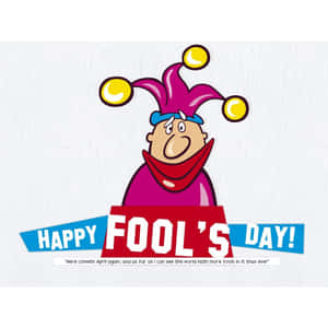 卡通小丑戴紫色帽子和黃色鈴鐺，在'Happy Fool's Day'橫幅上方。 — 1:1 壁紙