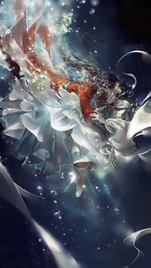 身穿飄逸白色長裙的動漫女孩，在星光閃爍的宇宙空間中飄浮，伴隨著發光的粒子。