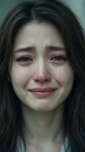 一個哭泣的女人，淚水在特寫肖像中順著臉頰流下。