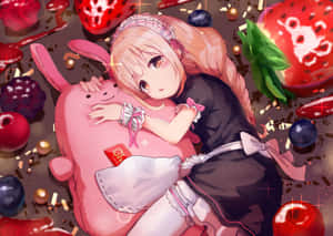 女僕裝動漫女孩抱著粉紅色毛絨玩具，伴有漿果和五彩紙屑。 — 粉紅動漫美學 壁紙