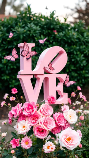 粉紅色 LOVE 字母被蝴蝶和盛開的玫瑰環繞在花園中 — 藝術 壁紙