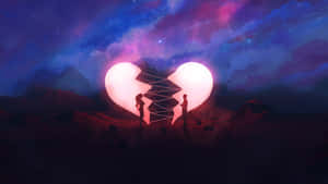 兩個人在星光夜空下分開站在一個發光破碎心臟下。