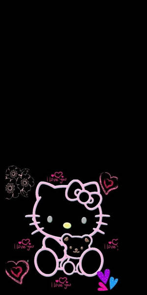 Hello Kitty 抱著泰迪熊，背景為黑色，帶有心形和愛情訊息。