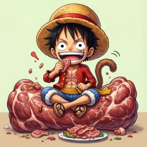 一個戴草帽的卡通男孩坐在一大塊生牛肉上吃肉。