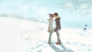 一對情侶在雪地中接吻，附近有一個雪人。 — 情侶 壁紙