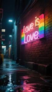 一個發光的彩虹霓虹燈牌，上面寫著「Love is Love」，在夜晚的城市小巷中，掛在濕漉漉的磚牆上。