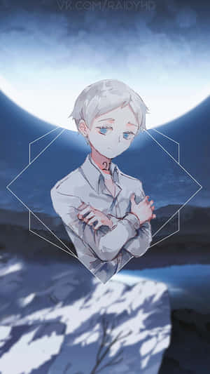 銀髮藍眼的動漫男孩被鑽石框住，背景是雪夜場景。