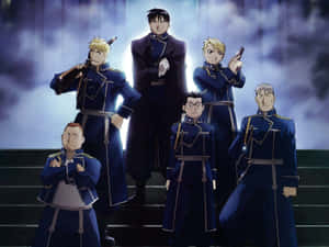 六個動畫士兵身穿藍色制服，站在階梯上，在暴風雨的天空下。