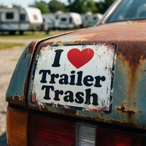 生鏽的汽車保險桿帶有「I Heart Trailer Trash」貼紙，背景有拖車。
