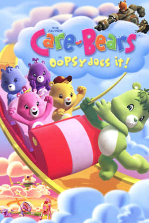Care Bears穿過雲朵，從巨大的彩色滑梯上滑下。