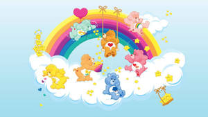 Care Bears在彩虹下的雲朵上與星星和愛心玩耍。