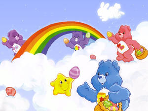 Care Bears用彩蛋和天空中的彩虹慶祝復活節。