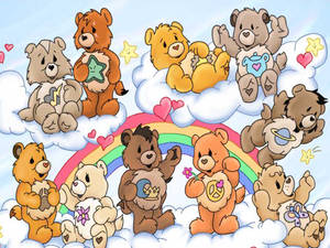 九隻 Care Bears 喺雲上同彩虹一齊，手持愛與友誼嘅象徵。