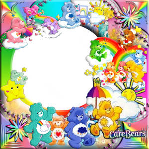 Care Bears卡通角色與彩虹和太陽在一個色彩繽紛的框架中。