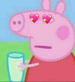 Peppa Pig 攞住一杯牛奶，對眼上面有心心表情符號。