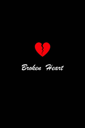 一個紅色破碎心形符號，黑色背景上有白色字體寫著「Broken Heart」。