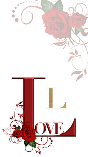 紅玫瑰和旋轉花紋圍繞著以紅金色字母組成的 LOVE 一詞。