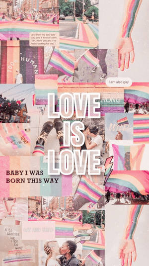 一幅色彩繽紛的拼貼畫，以彩虹旗和語錄慶祝愛與 LGBTQ+ 驕傲。
