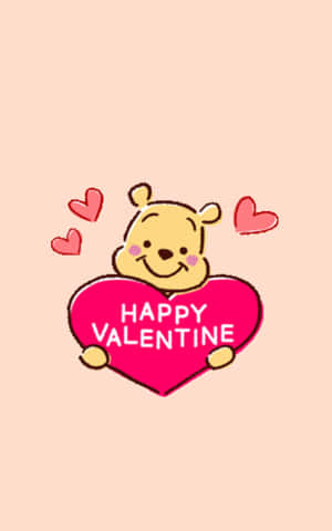 小熊維尼拿著一個粉紅色的心，上面有 happy valentine 文字和漂浮的心形。 — Lenovo Idea Tab Plus 壁紙