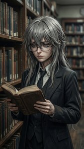 銀髮戴眼鏡的年輕人在圖書館閱讀舊書