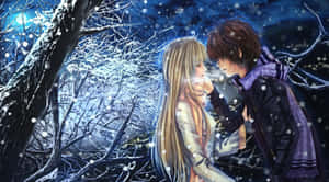 動漫情侶在冬日森林的夜晚，於雪下分享溫柔時刻。 — 動漫情侶 壁紙
