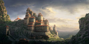 古老石堡坐落在山脊上，天空多雲