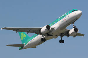 愛爾蘭航空飛機起落架放下，在藍天中上升