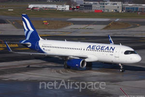 愛琴海航空空中巴士A320在濕滑的機場停機坪上