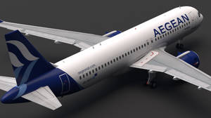 愛琴海航空空中巴士A320neo飛機的工作室渲染，藍白塗裝。