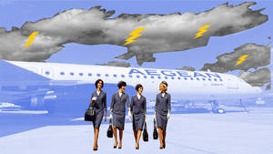 四位復古航空公司空姐在雷電交加的暴風雨天空下，走在愛琴海航空飛機前。
