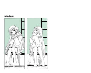 兩位動漫女孩坐在窗邊的極簡黑白線條畫。