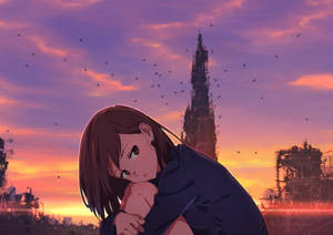 動漫女孩在夕陽下的廢墟城市中抱著自己，有鳥兒相伴。