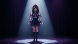 動漫女孩穿校服在聚光燈下舞台上