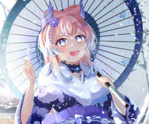穿著冬季和服的動漫女孩在雪中拿著櫻花陽傘