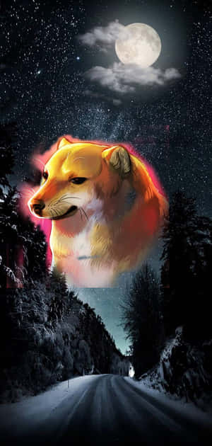 發光的柴犬頭在滿月下的雪地森林道路上。