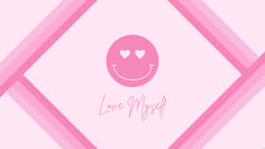 粉紅色笑臉，帶有心形眼睛和「Love Myself」文字，在幾何背景上。 — 粉紅 壁紙