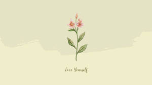 一朵粉紅色的花，帶有綠葉，背景是米色，並有文字 Love Yourself。