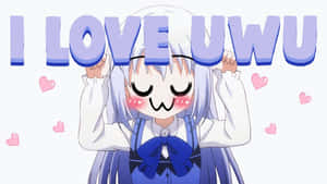 銀色頭髮和藍色蝴蝶結的動漫女孩，在「I LOVE UWU」文字和粉紅色心形下微笑臉紅。