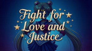 Sailor Moon穿著水手服，金色文字寫著Fight for Love and Justice，背景是星空夜空。