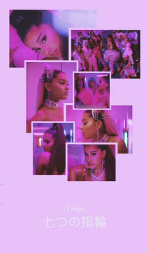 一張Ariana Grande在粉紅色主題音樂錄影帶場景中的拼貼畫，帶有日文字。