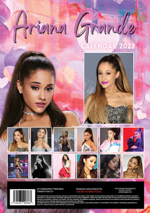 Ariana Grande 2023年月曆封面，多張照片襯以色彩繽紛的抽象背景。