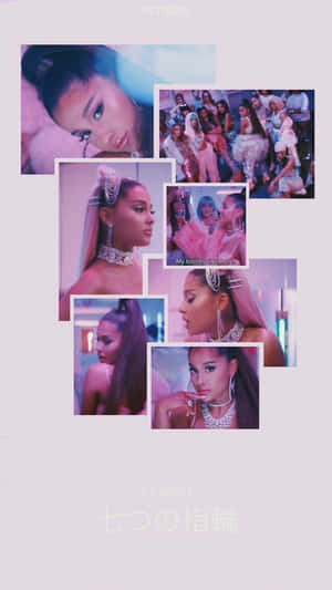 Ariana Grande 的拼貼畫，來自她的《7 Rings》音樂錄影帶，以粉紅和紫色調為主。