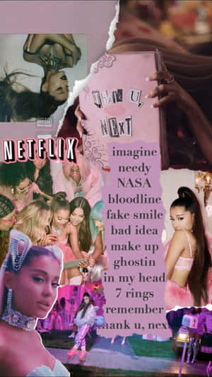 Ariana Grande 拼貼畫，帶有粉紅色調和與音樂相關的文字疊加。