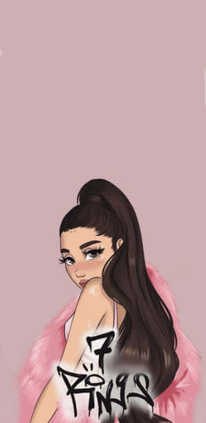Ariana Grande 身穿粉紅色皮草外套，手臂上有「7 Rings」塗鴉。