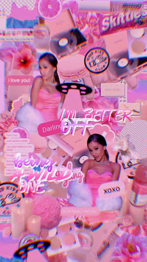 粉紅色拼貼，包含 Ariana Grande、糖果、化妝品和閃亮文字。