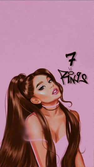 Ariana Grande 身穿粉紅色服裝，高馬尾，粉紅色背景上帶有「7 Rings」文字。